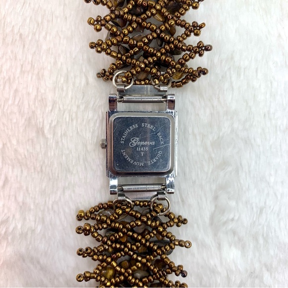 Geneva Ladies Stainless Steel Quartz Watch Brown Beaded Band - Picture 2 of 6